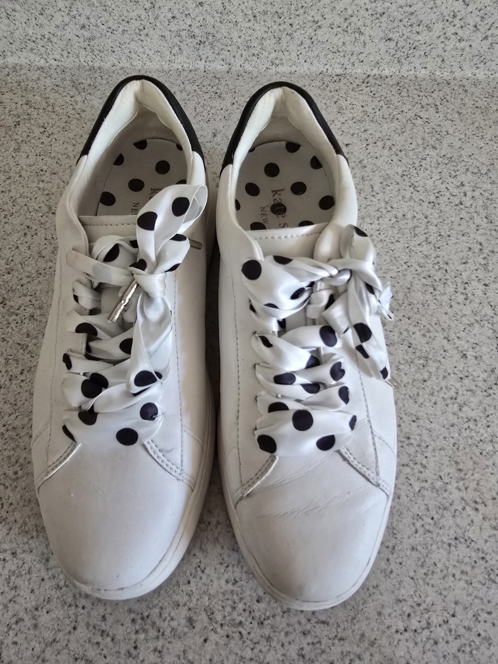kate spade White Leather Sneakers with Black Polka Dot Ribbon Laces